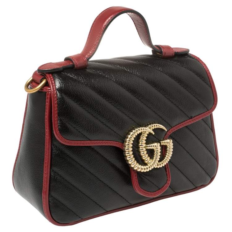 Pre Owned Gucci Black Diagonal Quilt Leather Mini GG Marmont Torchon Top Handle Bag