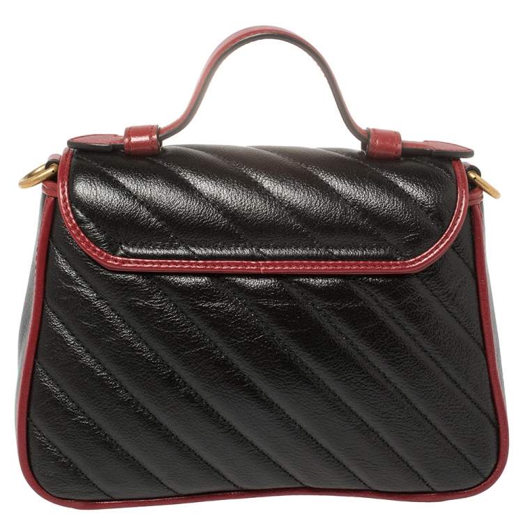 Pre Owned Gucci Black Diagonal Quilt Leather Mini GG Marmont Torchon Top Handle Bag