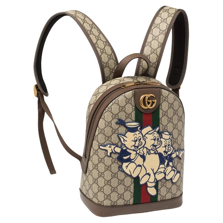 Pre Owned Gucci Brown Coated Canvas And Leather "Three little Pigs" Ophidia Backpack