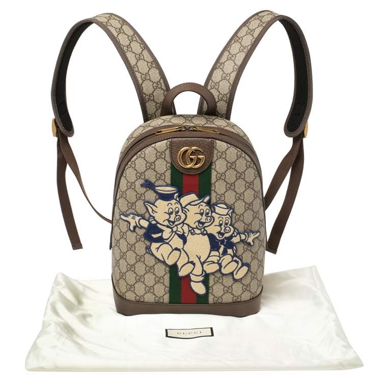 Pre Owned Gucci Brown Coated Canvas And Leather "Three little Pigs" Ophidia Backpack