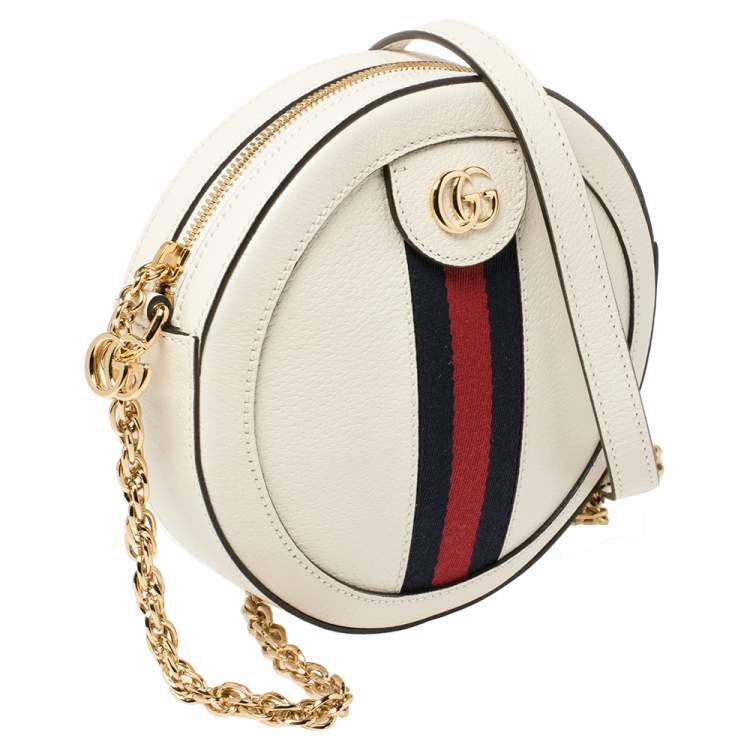 Pre Owned Gucci White Leather Mini Ophidia Round Shoulder Bag   