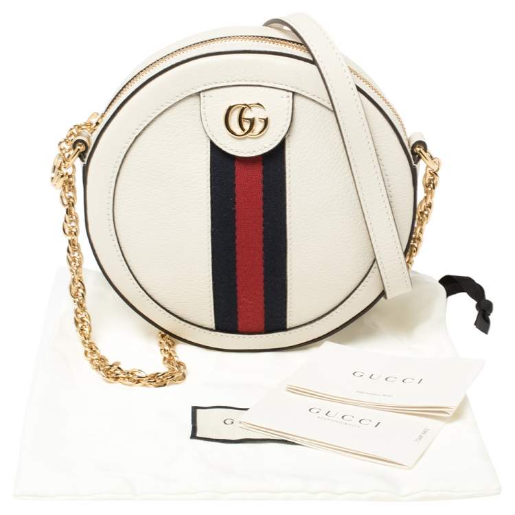 Pre Owned Gucci White Leather Mini Ophidia Round Shoulder Bag   