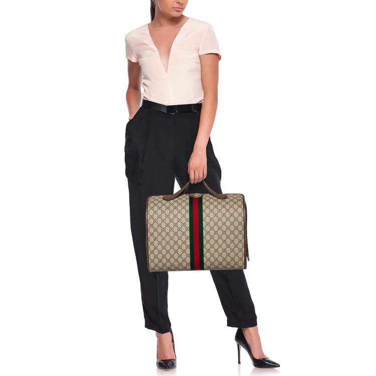 Pre Owned Gucci Beige/Brown GG Supreme Canvas and Leather Ophidia Duffel Bag