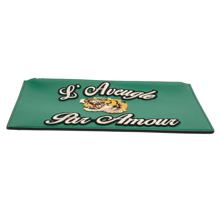 Pre Owned Gucci Green Leather L'Aveugle Par Amour Pouch