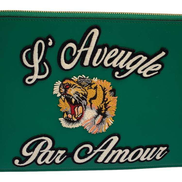 Pre Owned Gucci Green Leather L'Aveugle Par Amour Pouch
