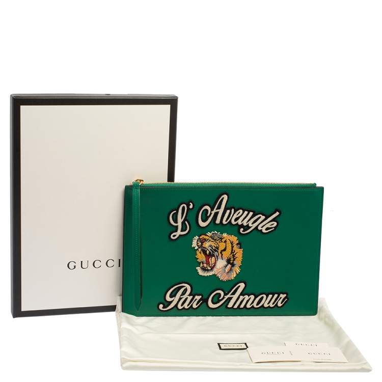 Pre Owned Gucci Green Leather L'Aveugle Par Amour Pouch