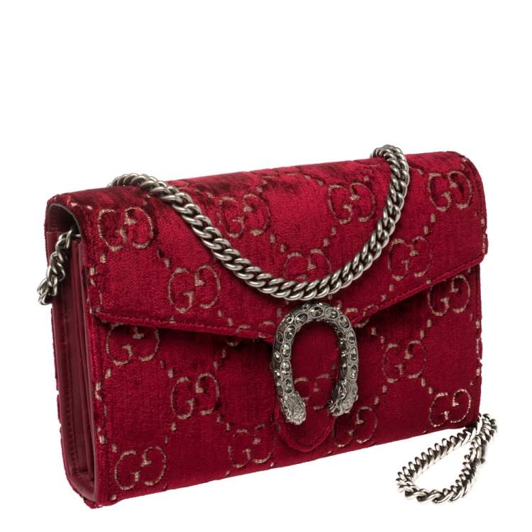 Pre Owned Gucci Red GG Velvet Mini Dionysus Wallet On Chain