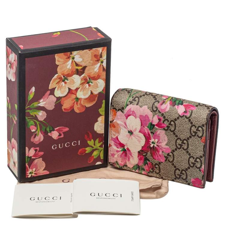 Pre Owned Gucci Beige/Pink GG Blooms Supreme Canvas Card Case
