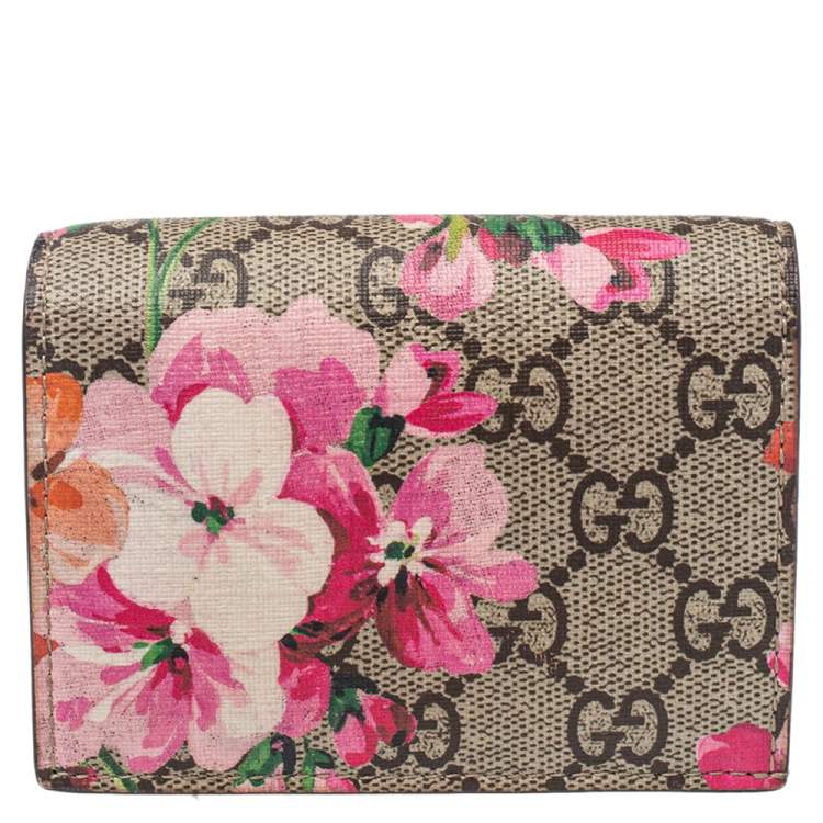 Pre Owned Gucci Beige/Pink GG Blooms Supreme Canvas Card Case