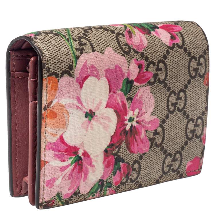 Pre Owned Gucci Beige/Pink GG Blooms Supreme Canvas Card Case