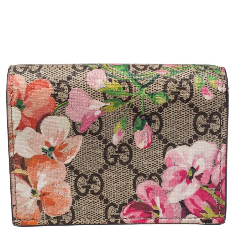 Pre Owned Gucci Beige/Pink GG Blooms Supreme Canvas Card Case