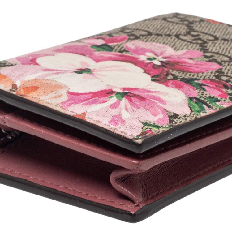 Pre Owned Gucci Beige/Pink GG Blooms Supreme Canvas Card Case