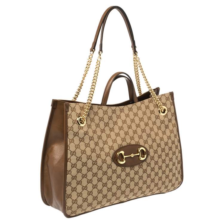 Pre Owned Gucci Beige/Brown GG Canvas and Leather Horsebit 1955 Large Tote