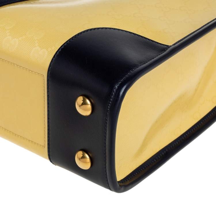 Pre Owned Gucci Yellow/Navy Blue Leather GG Crystal Canvas and Leather Medium Ophidia Tote