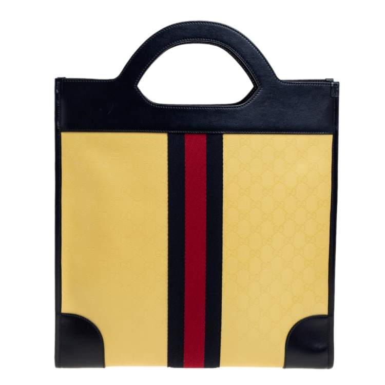 Pre Owned Gucci Yellow/Navy Blue Leather GG Crystal Canvas and Leather Medium Ophidia Tote