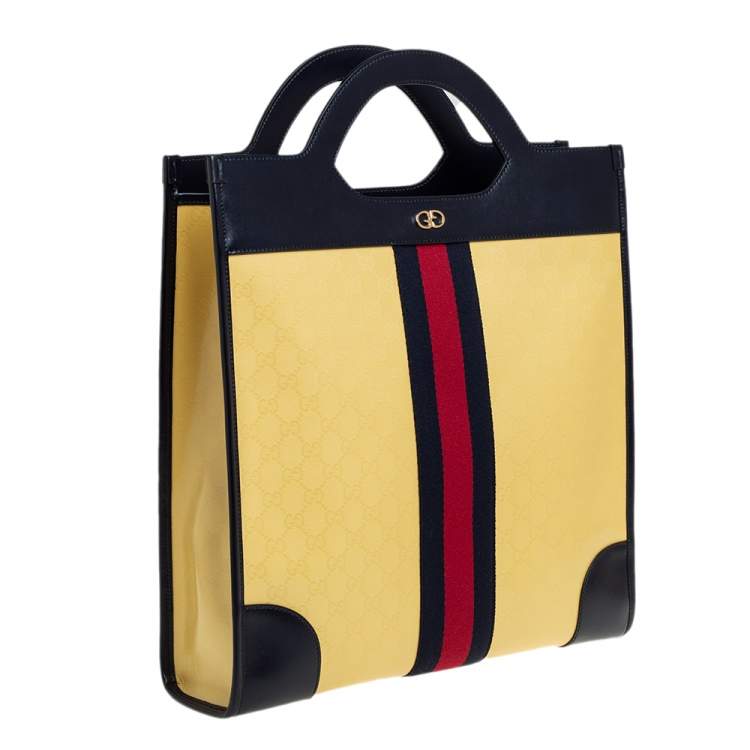 Pre Owned Gucci Yellow/Navy Blue Leather GG Crystal Canvas and Leather Medium Ophidia Tote
