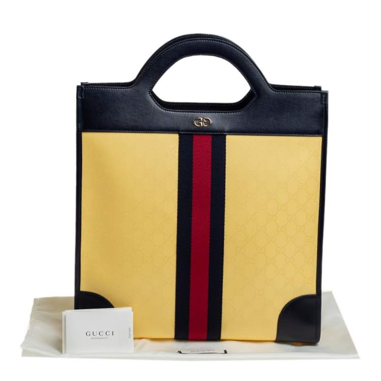 Pre Owned Gucci Yellow/Navy Blue Leather GG Crystal Canvas and Leather Medium Ophidia Tote