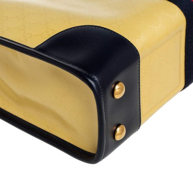 Pre Owned Gucci Yellow/Navy Blue Leather GG Crystal Canvas and Leather Medium Ophidia Tote