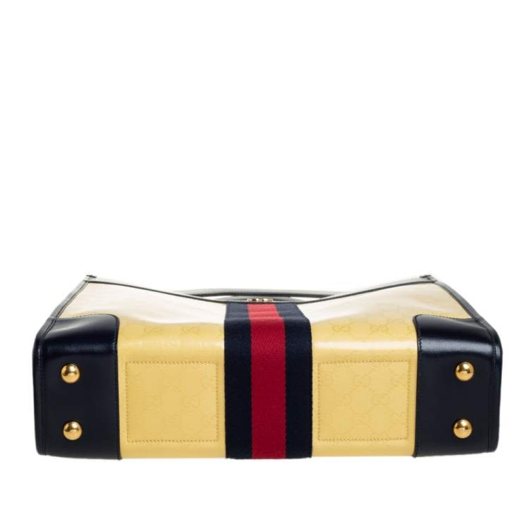 Pre Owned Gucci Yellow/Navy Blue Leather GG Crystal Canvas and Leather Medium Ophidia Tote