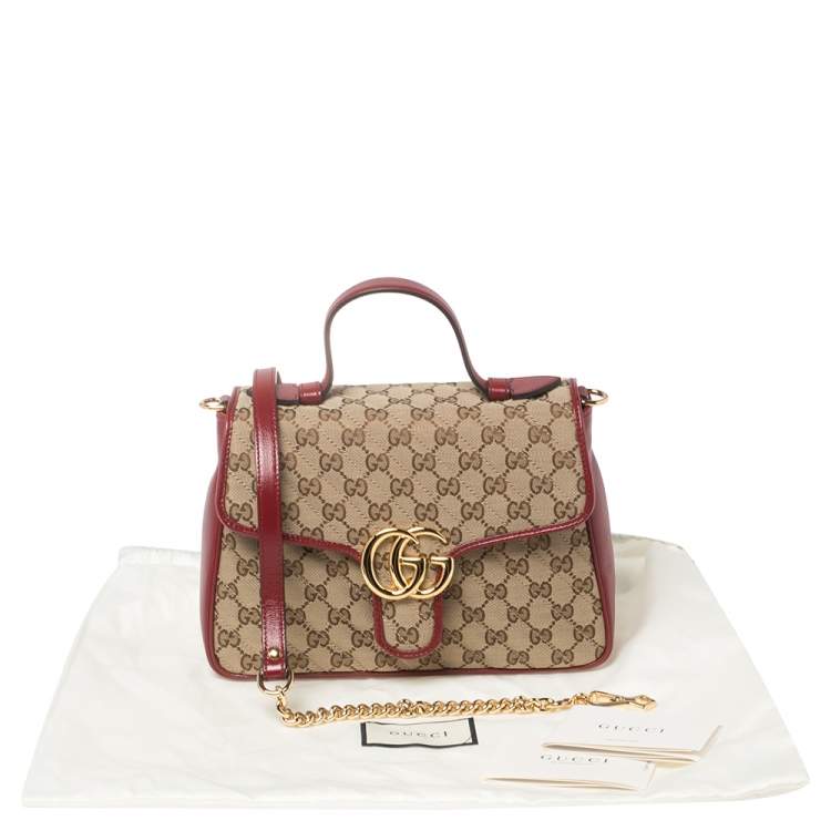 Pre Owned Gucci Red/Beige GG Canvas and Leather Small GG Marmont Top Handle Bag