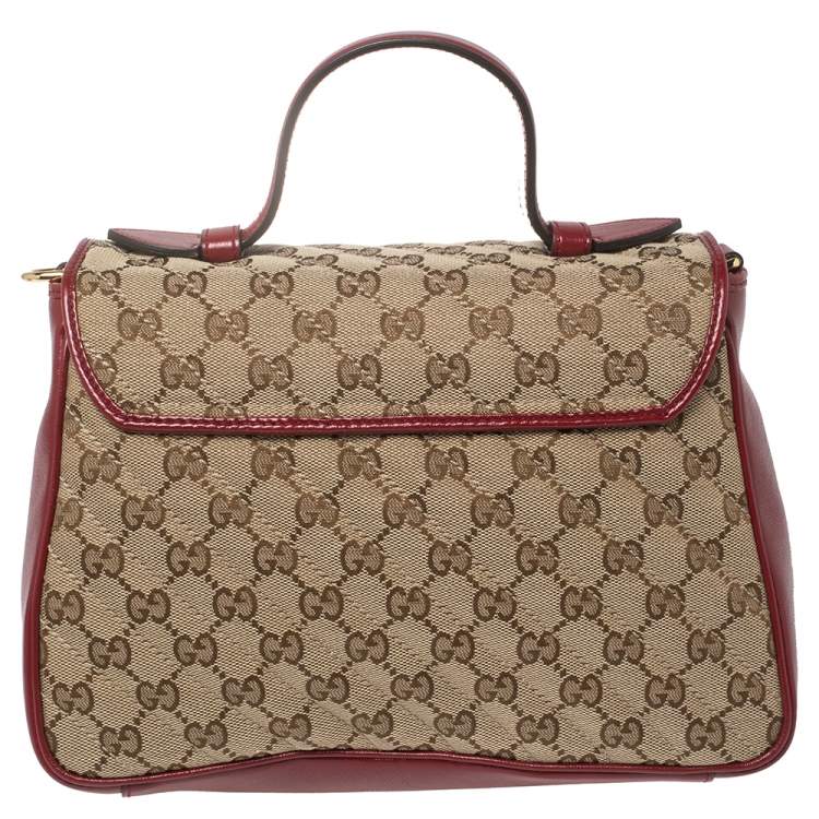 Pre Owned Gucci Red/Beige GG Canvas and Leather Small GG Marmont Top Handle Bag