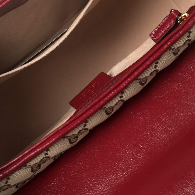 Pre Owned Gucci Red/Beige GG Canvas and Leather Small GG Marmont Top Handle Bag