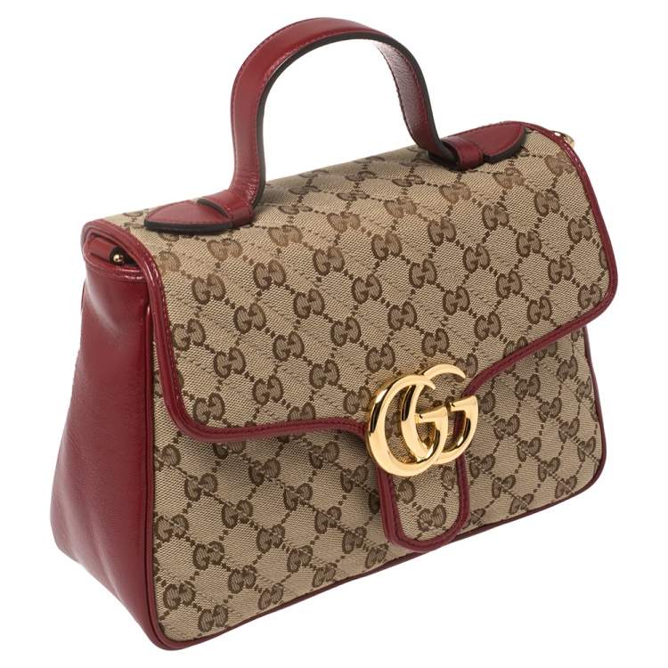 Pre Owned Gucci Red/Beige GG Canvas and Leather Small GG Marmont Top Handle Bag