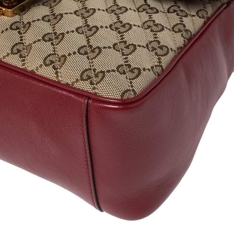 Pre Owned Gucci Red/Beige GG Canvas and Leather Small GG Marmont Top Handle Bag