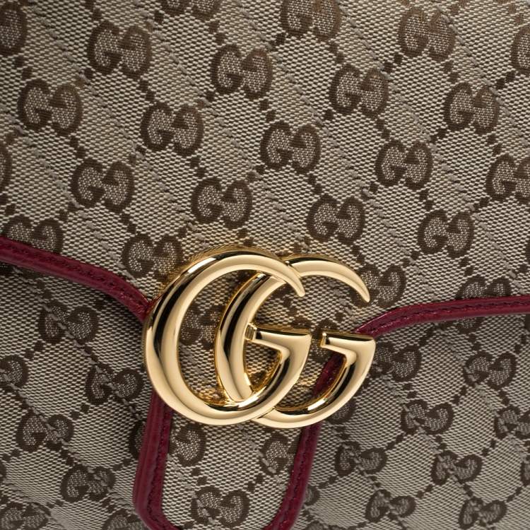 Pre Owned Gucci Red/Beige GG Canvas and Leather Small GG Marmont Top Handle Bag
