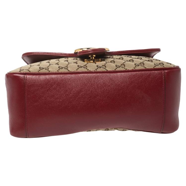 Pre Owned Gucci Red/Beige GG Canvas and Leather Small GG Marmont Top Handle Bag