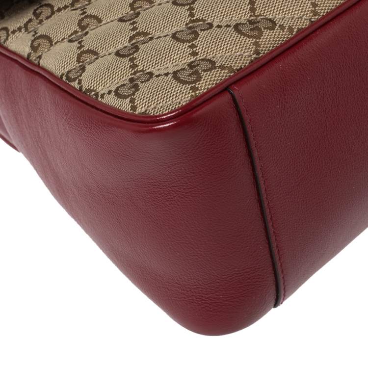 Pre Owned Gucci Red/Beige GG Canvas and Leather Small GG Marmont Top Handle Bag