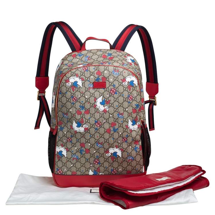 Pre Owned Gucci Red/Beige Canvas and Leather Duck Motif Diaper Backpack