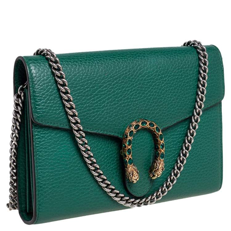 Pre Owned Gucci Green Leather Dionysus Wallet On Chain
