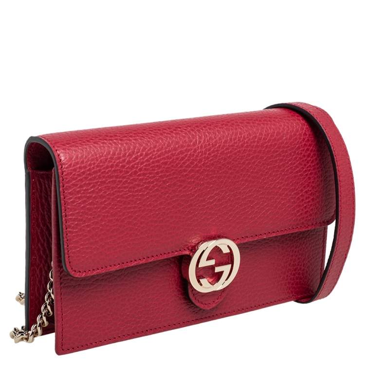 Pre Owned Gucci Red Leather Interlocking G Wallet on Chain