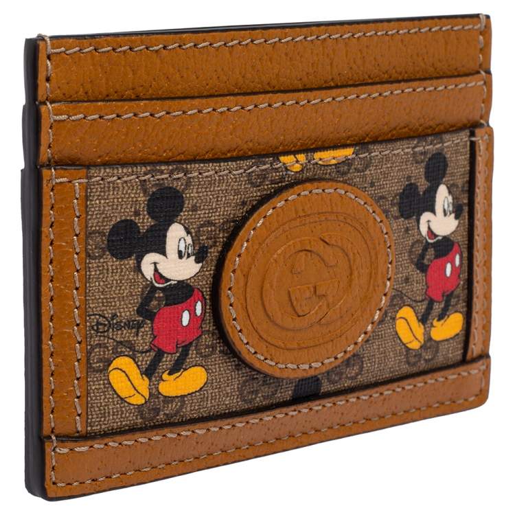 مملوكة مسبقًا Gucci x Disney Tan Leather and GG Supreme Canvas Mickey Mouse Card Holder