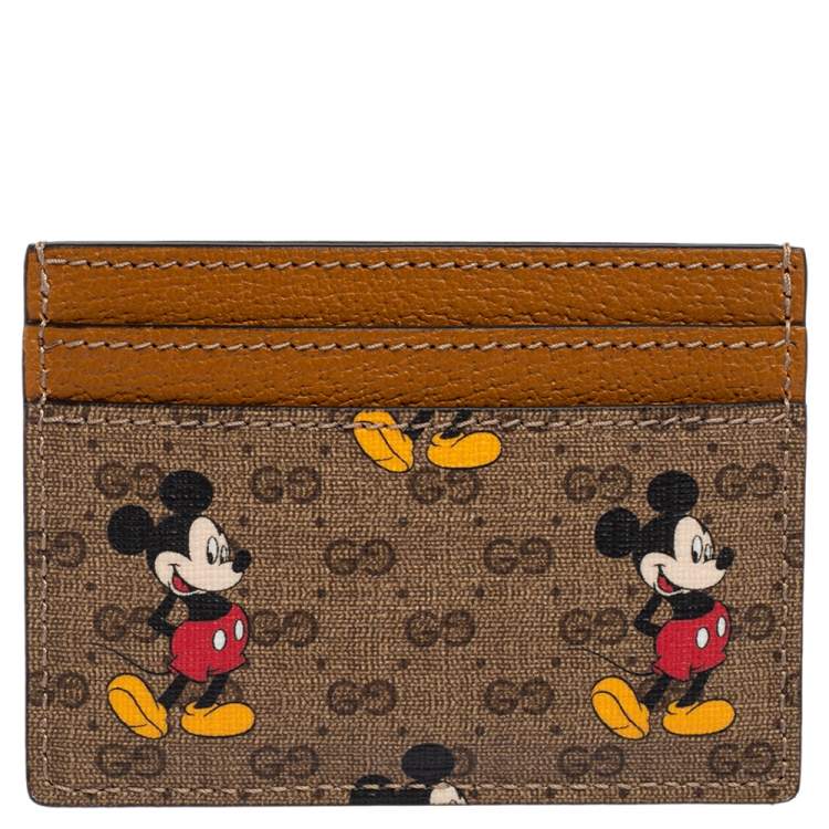 مملوكة مسبقًا Gucci x Disney Tan Leather and GG Supreme Canvas Mickey Mouse Card Holder