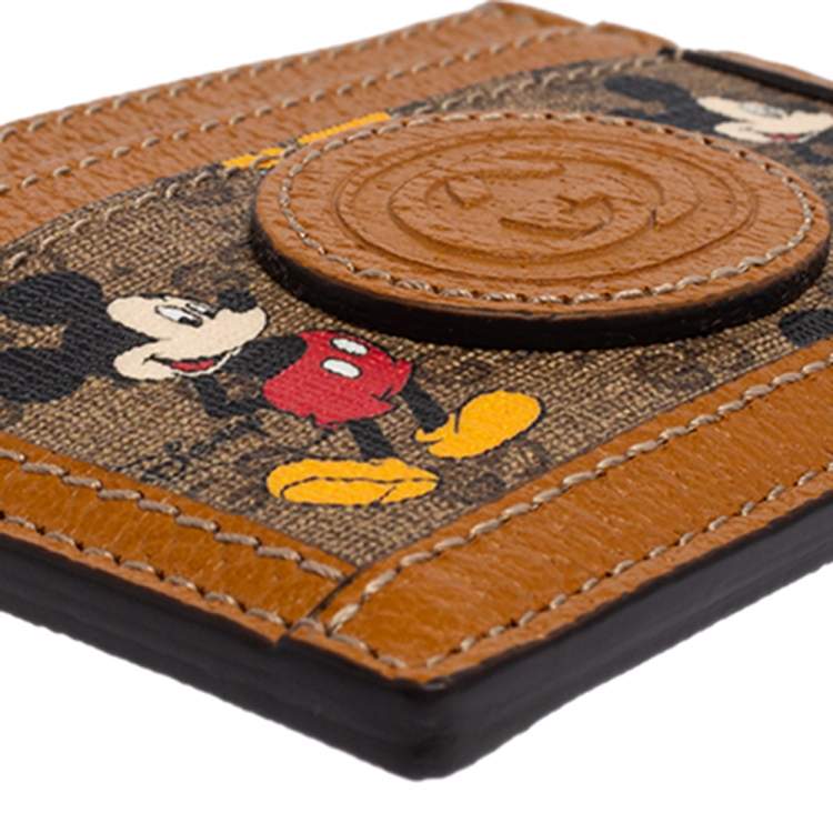 مملوكة مسبقًا Gucci x Disney Tan Leather and GG Supreme Canvas Mickey Mouse Card Holder