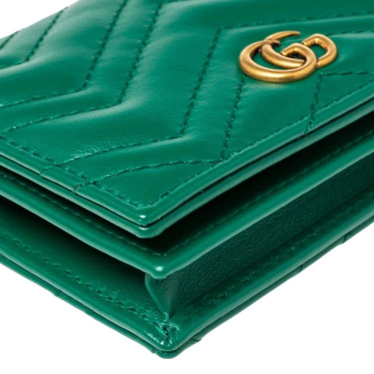 Pre Owned Gucci Green Matelassé Leather GG Marmont Card Case