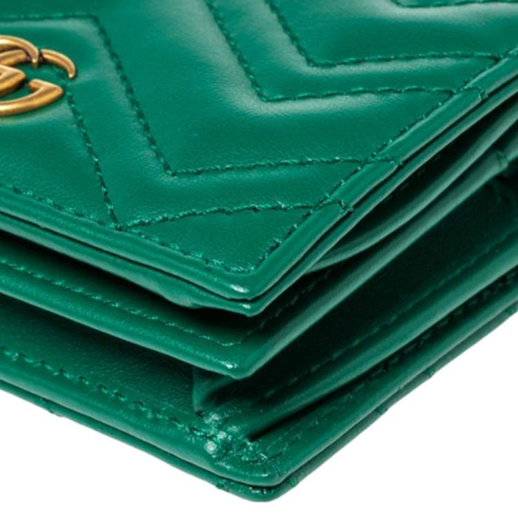 Pre Owned Gucci Green Matelassé Leather GG Marmont Card Case