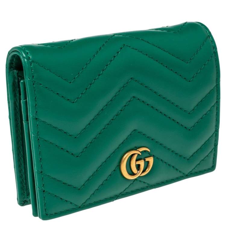 Pre Owned Gucci Green Matelassé Leather GG Marmont Card Case