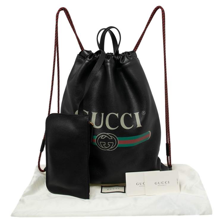Pre Owned Gucci Black Leather Logo Drawstring Backpack