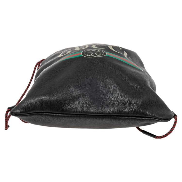 Pre Owned Gucci Black Leather Logo Drawstring Backpack