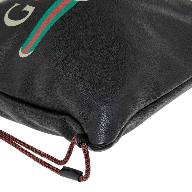 Pre Owned Gucci Black Leather Logo Drawstring Backpack