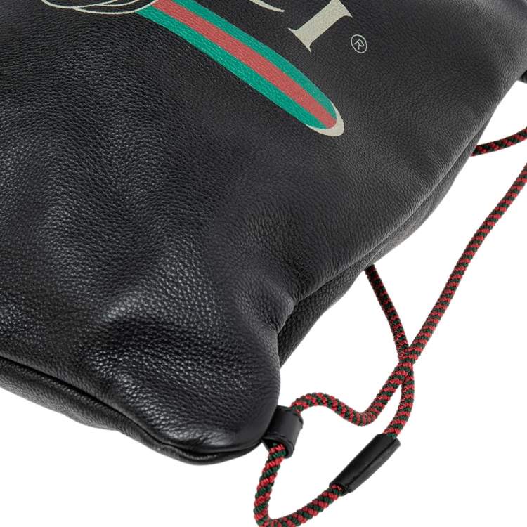 Pre Owned Gucci Black Leather Logo Drawstring Backpack