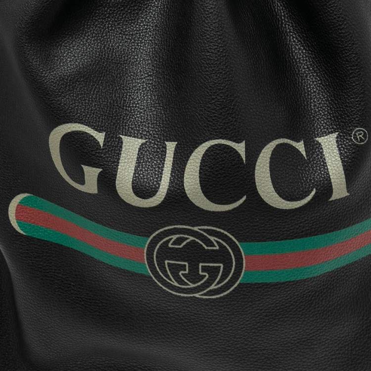 Pre Owned Gucci Black Leather Logo Drawstring Backpack