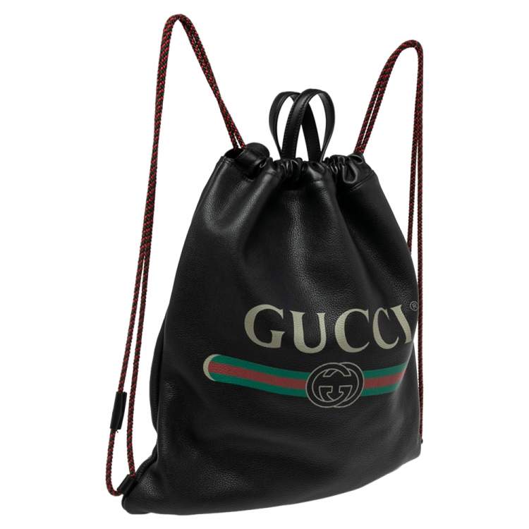 Pre Owned Gucci Black Leather Logo Drawstring Backpack