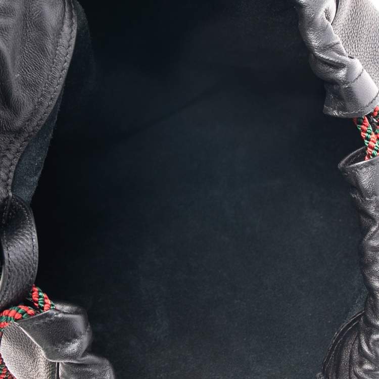 Pre Owned Gucci Black Leather Logo Drawstring Backpack