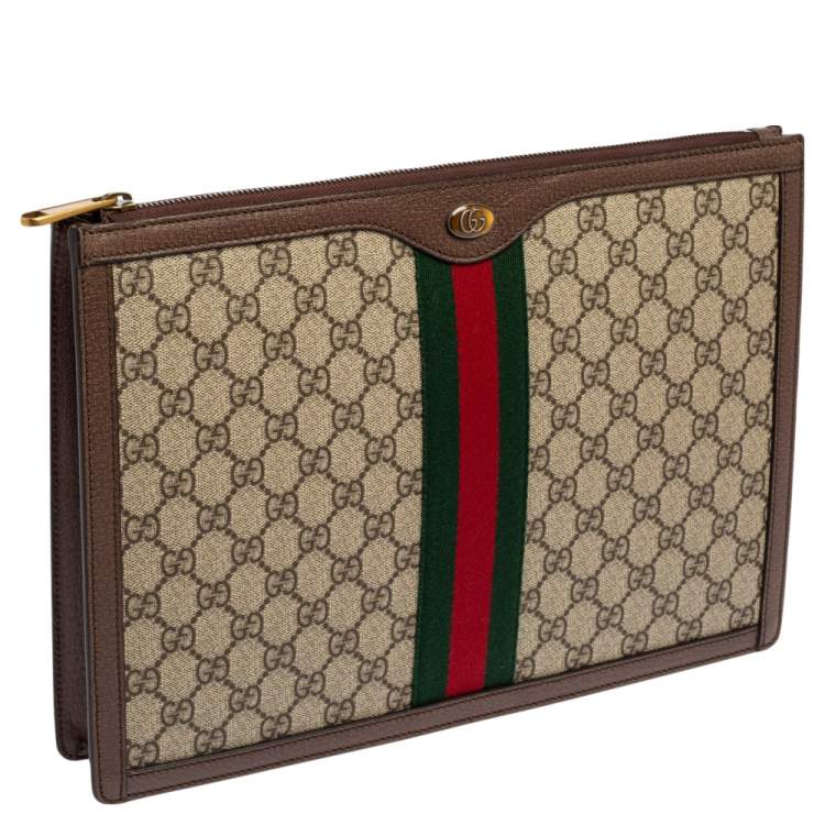 Pre Owned Gucci Beige/Brown GG Supreme Canvas and Leather Ophidia Pouch