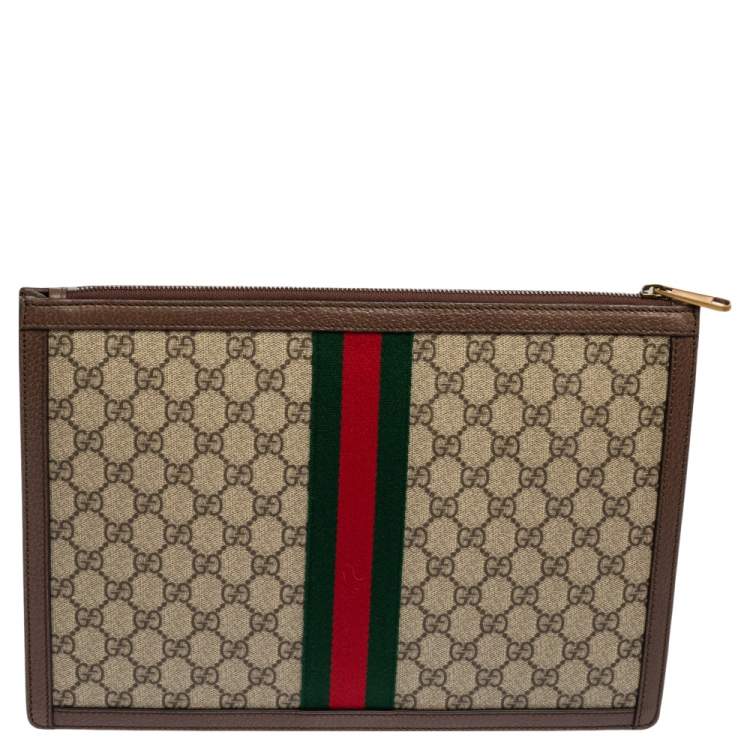Pre Owned Gucci Beige/Brown GG Supreme Canvas and Leather Ophidia Pouch