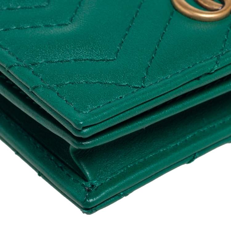 Pre Owned Gucci Green Matelassé Leather GG Marmont Card Case